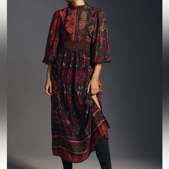 Anthropologie x Farm Rio Floral Multi Color Red Pink Dress Flowy Sleeves - Picture 1 of 17